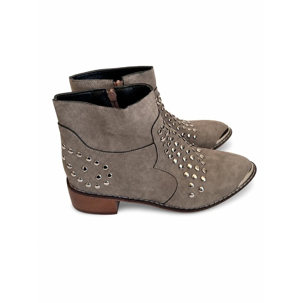Womens Taupe Studded Western Ankle Boots Metal Toe Zip Size 38